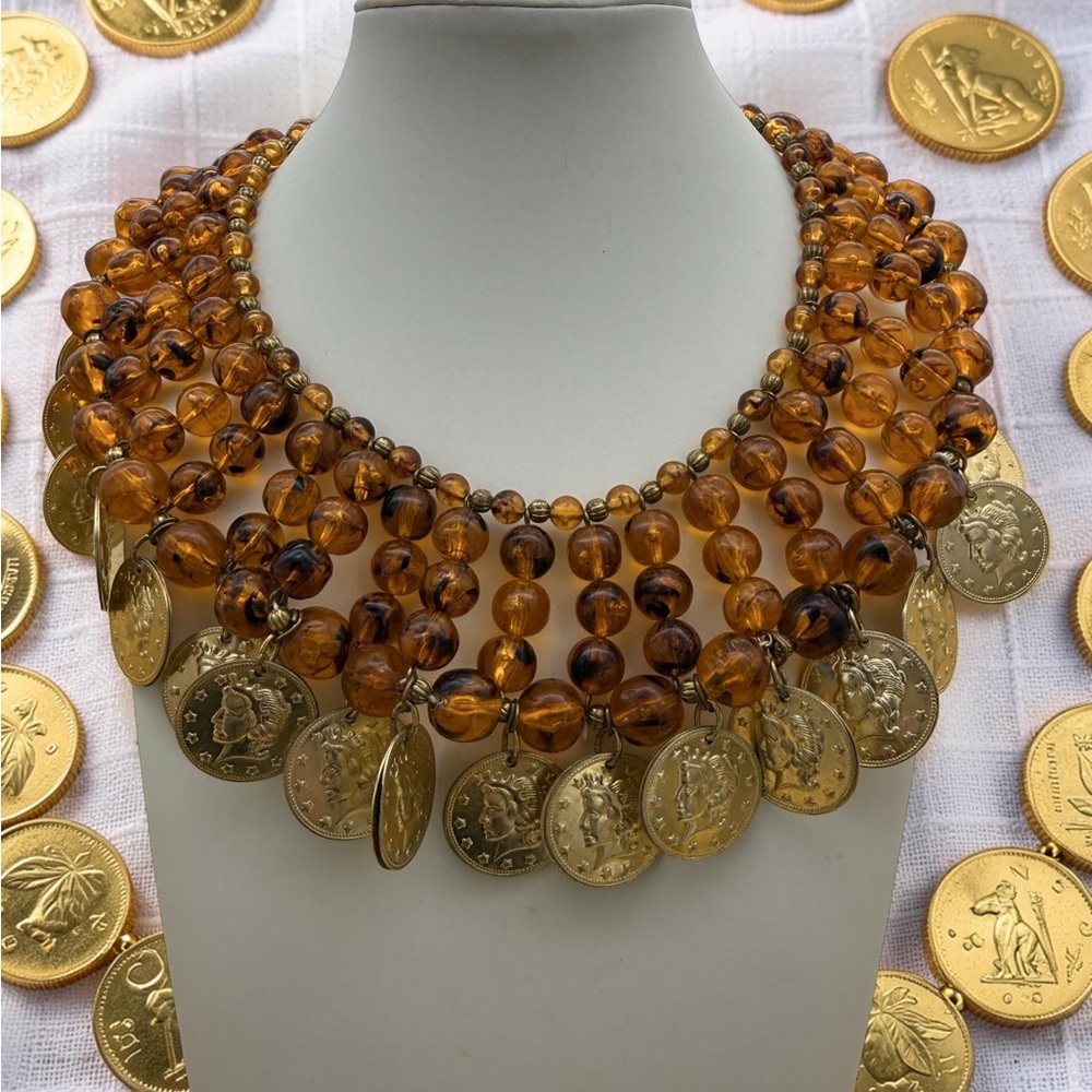 Amber Bead Coin Statement Necklace - Unbranded
